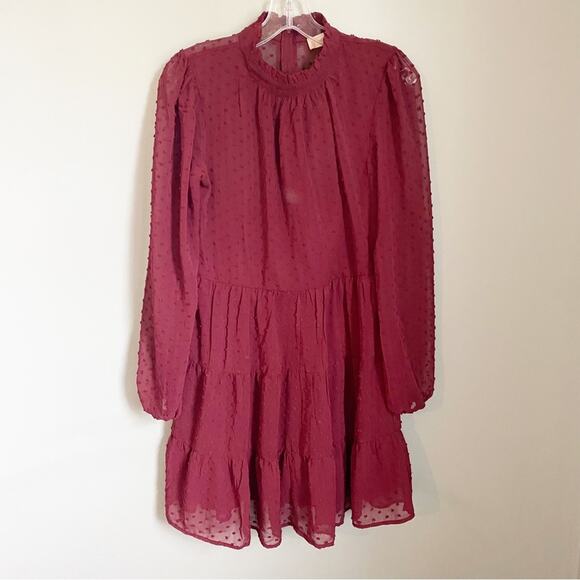 Altar’d State Swiss Dot Burgundy High Neck Sheer Dress - Picture 1 of 5